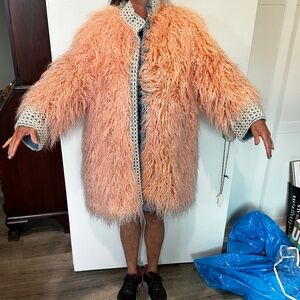 Laurence & Chico Pink Faux Fur Jacket Pearl Denim  women's size S unique